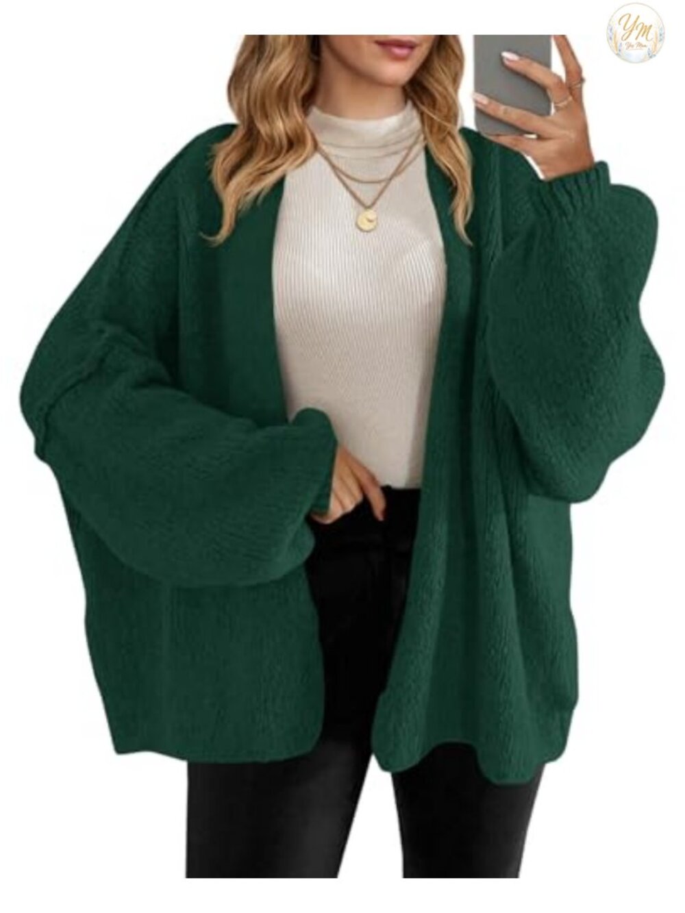Oversized Open Front Chunky Knit Cardigan Sweater with Lantern Sleeves